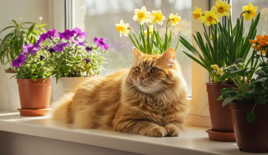 Cat on windowsill with flowers