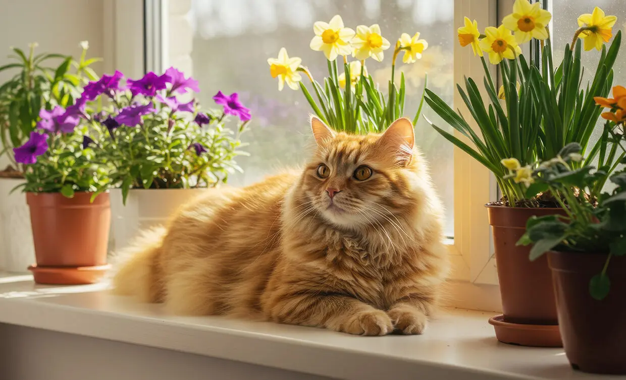 Cat on windowsill with flowers