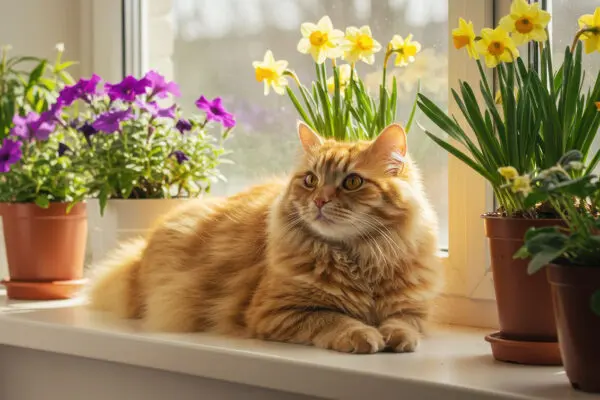 Cat on windowsill with flowers