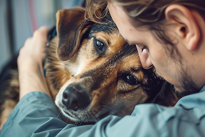 Person comforting a senior dog before euthanasia at Hershey Veterinary Hospital